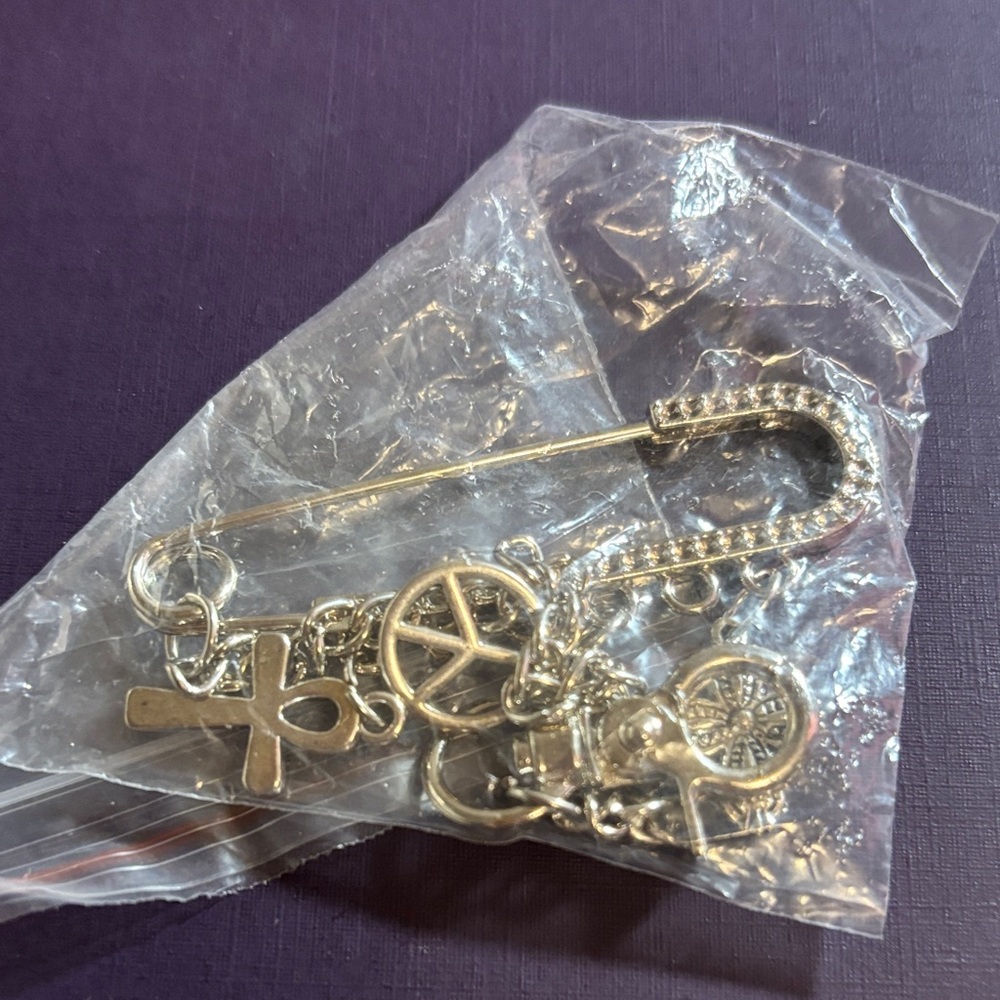 Silver Charm Safety Pin Brooch